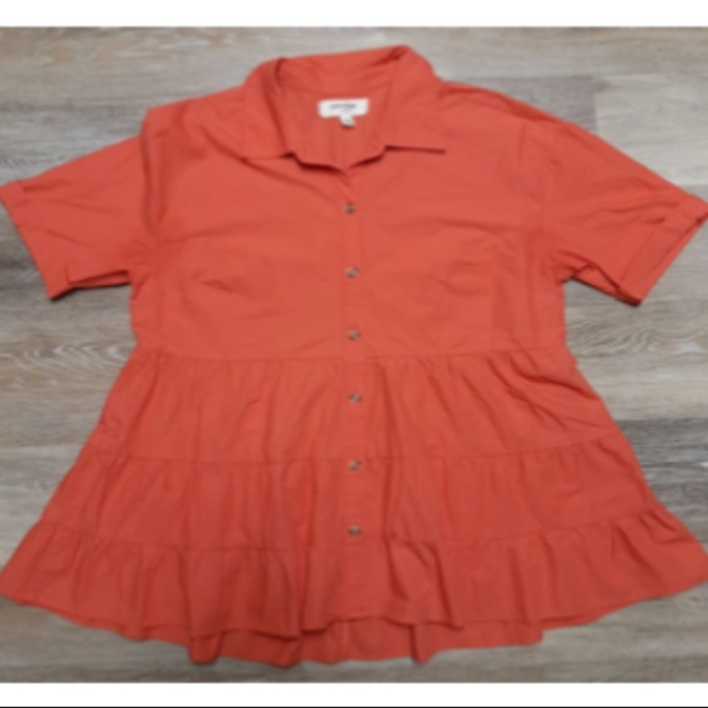 Anthropologie tiered watermelon color button up blouse